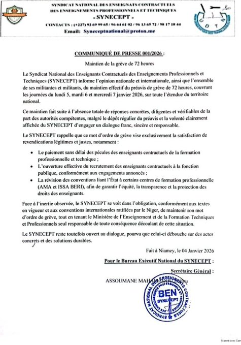 CurrentTre's tweet image. #Niger : les enseignants contractuels annoncent maintenir leur grève du 5 au 7 janvier 2026. Ils réclament le paiement de leurs arriérés et l’ouverture du recrutement à la fonction publique.