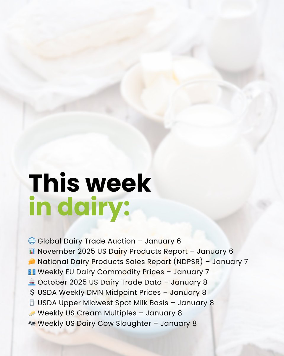 The week ahead in dairy!

🔗 Stay up-to-date on all things dairy markets by signing up for a 30-day Free Trial! hubs.ly/Q03Ztwrz0

#HighGroundDairy #Dairy #DairyProducts #DairyIndustry #Milk #USDA #Trade #EU #EEX #UK #NDPSR #GDT #Trade #US #NZ
