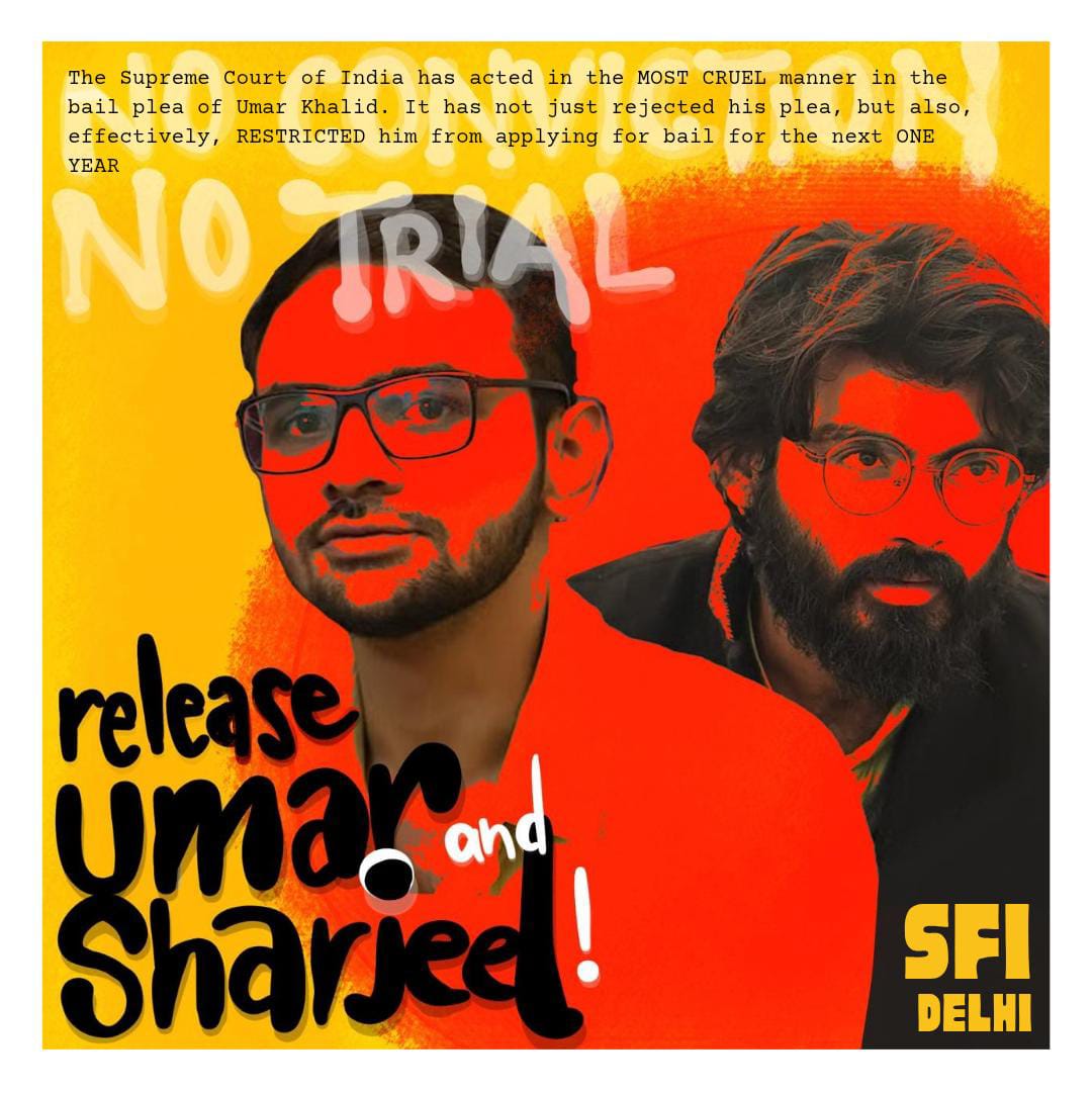 SfiDelhi's tweet image. Shameful to be living in times when rape, murder convict Gurmeet Ram Rahim gets parole every other day &amp;amp; student activists like Umar &amp;amp; Sharjeel have been behind bars for 5 years without a trail. Justice Delayed is Justice Denied. 
#UmarKhalid #SharjeelImam #UmarKhalidBailPlea
