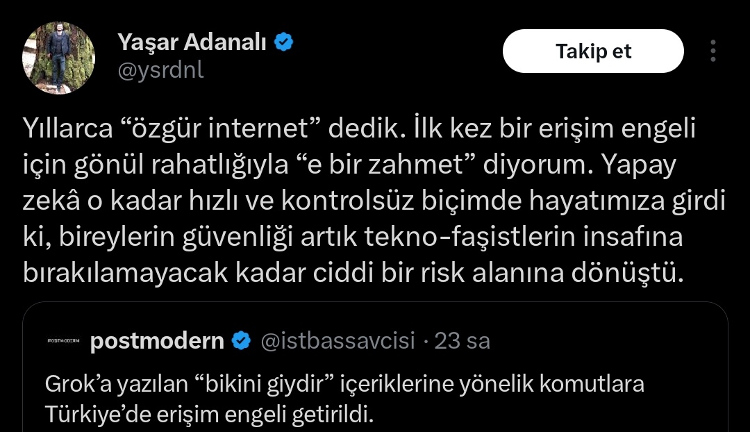 <
yıllarca "özgür çevrim ağ" dedik. ... için gönül yatışıklığıyla "e bir uğraşımlık" diyorum. yapay öylek o denli ırgalı artı denetim dışı biçimde yaşantımıza girdi ki, bireylerin güvenliği artık tasarışım baskıbaylarının gönül yufkalığına ... denli ağırsert bir ...
>