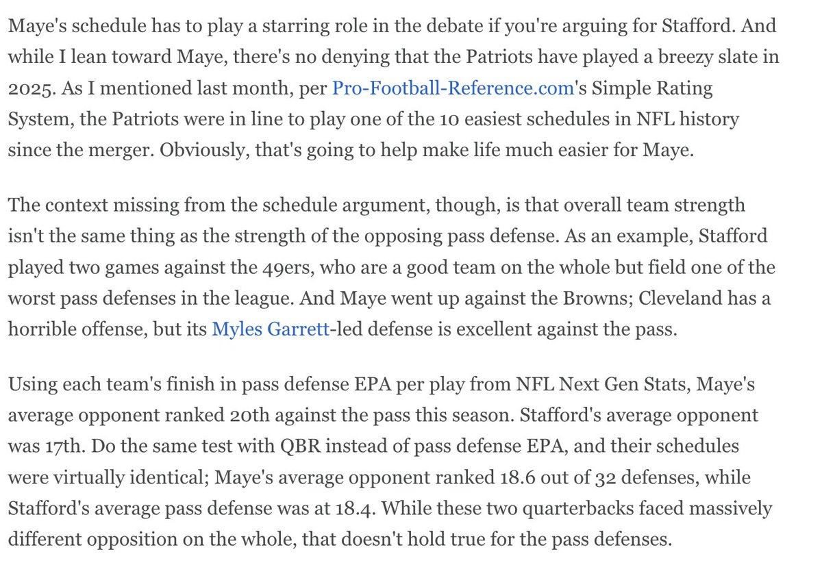 billbarnwell's tweet image. New column: My awards for the 2025 season, including why Drake Maye is my pick for MVP over Matthew Stafford and the major flaw in the schedule argument: measure the *pass defenses* they faced and their quality of opposition was mostly the same espn.com/nfl/story/_/id…