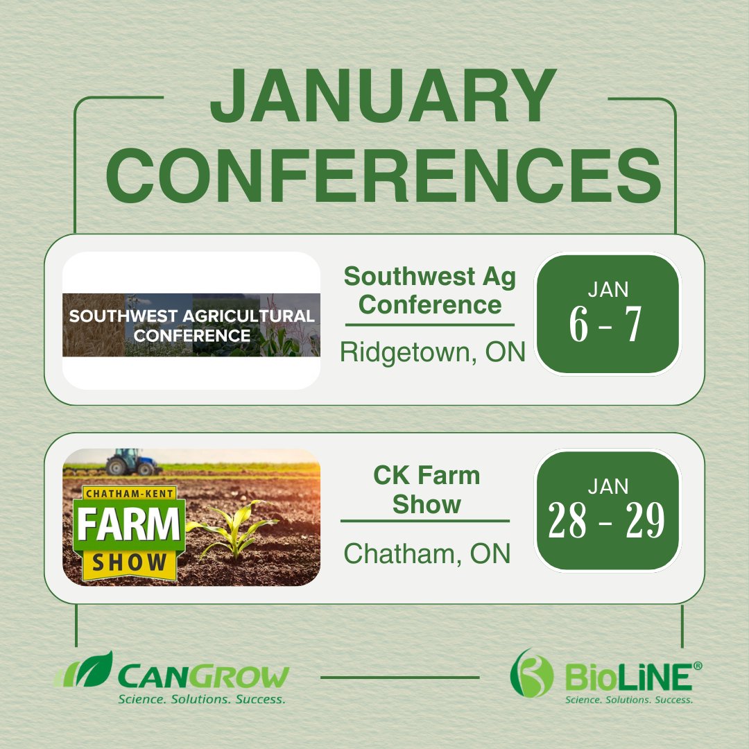CangrowCrop's tweet photo. If you’re attending the Southwestern Ag Conference and Chatham Kent Farm Show this month, stop by our booths to learn more about our product offerings that will improve your operation for 2026. #cangrow #bioline #tradeshow #conference #farm #farming #agriculture https://t.co/99JgB1Dq0u