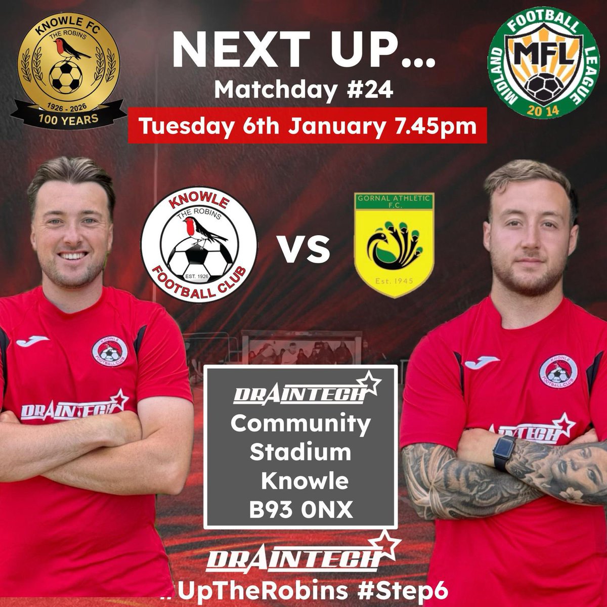 Knowle_FC's tweet photo. Next up at home… Matchday 23 ❤️🖤
🆚 @GornalAyWe
🗓 Tuesday 6th January
⏰ 7:45pm
📍 Draintech Community Stadium, Knowle
Pitch inspection at 3pm tomorrow by the match official 🥶
#UpTheRobins | #Step6 https://t.co/STvBEKjeR9