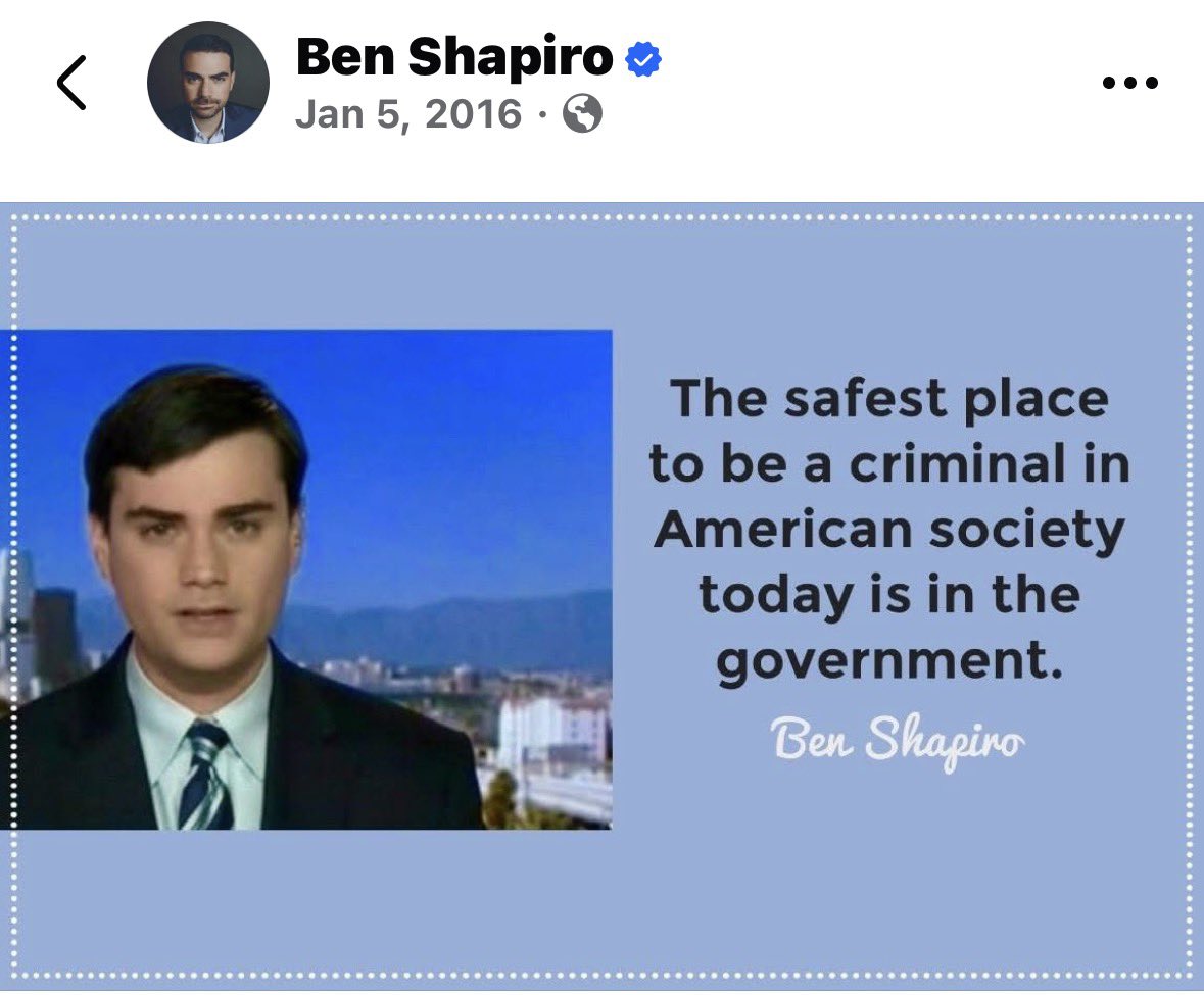 In regards to Minnesota, Ohio, etc etcetera. <a href="/benshapiro/">Ben Shapiro</a> said it best exactly a decade ago: 
“The safest place to be a criminal in American society today is in the government.”