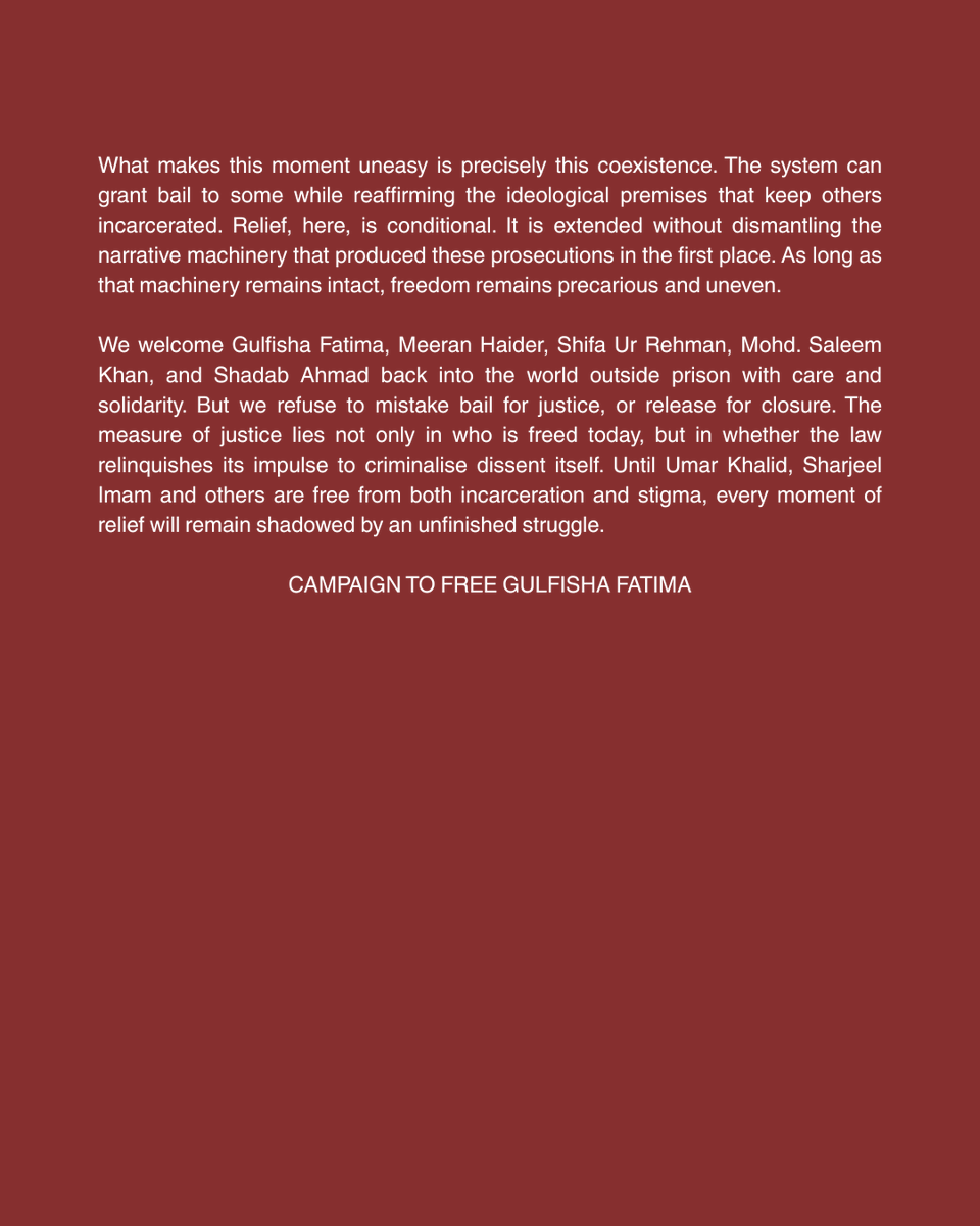 As we celebrate Gul's release, we remain burdened with grief over the denial of bail for Umar Khalid, Sharjeel Imam, and others. 

We stand in utmost solidarity with all the CAA-NRC political prisoners, may they be with us in freedom soon.
