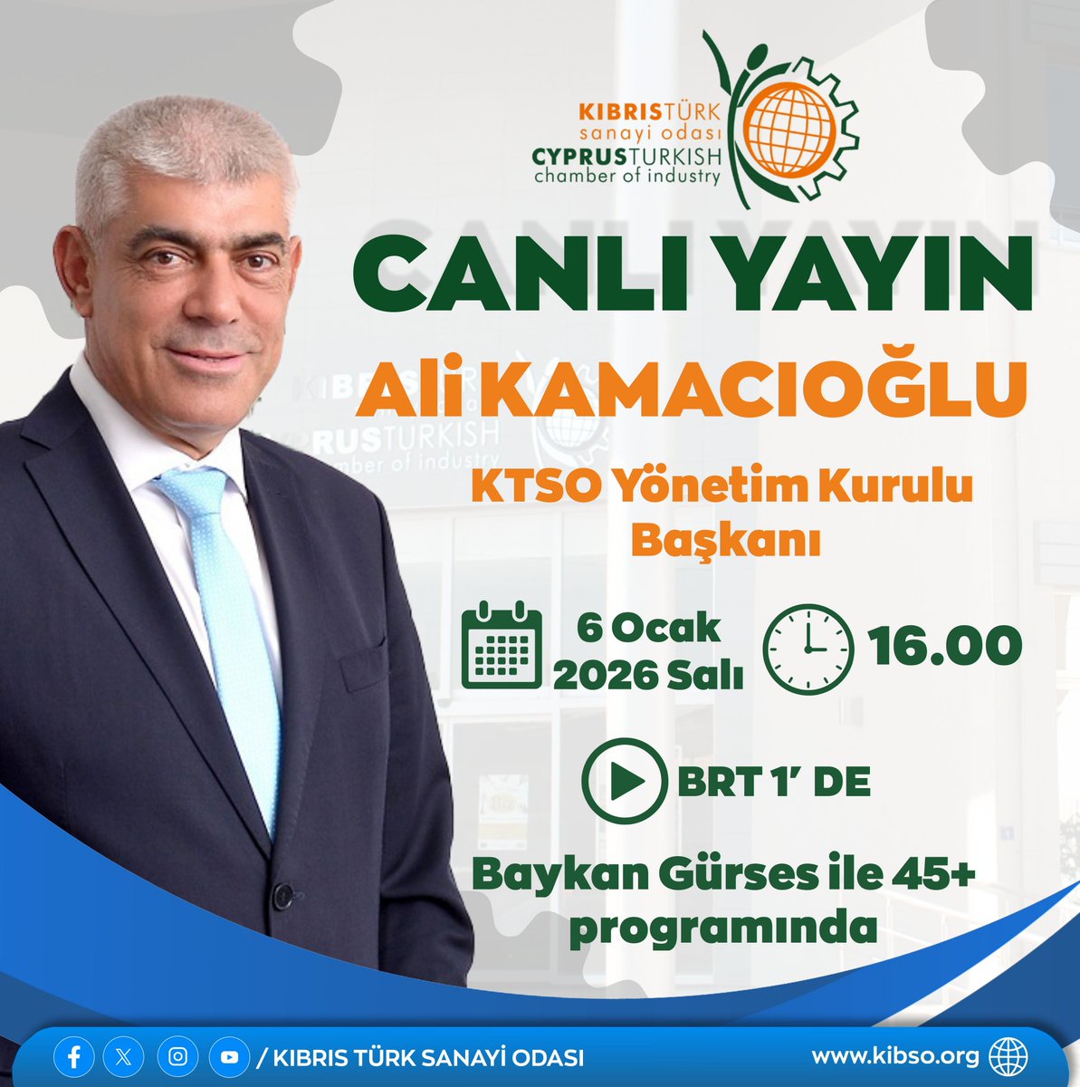 Kıbrıs Türk Sanayi Odası Yönetim Kurulu Başkanı Ali Kamacıoğlu,
📺 Baykan Gürses ile 45+ programında gündemi değerlendirmek üzere canlı yayında!
🗓 6 Ocak 2026 Salı
⏰ 16.00
📍 BRT 1