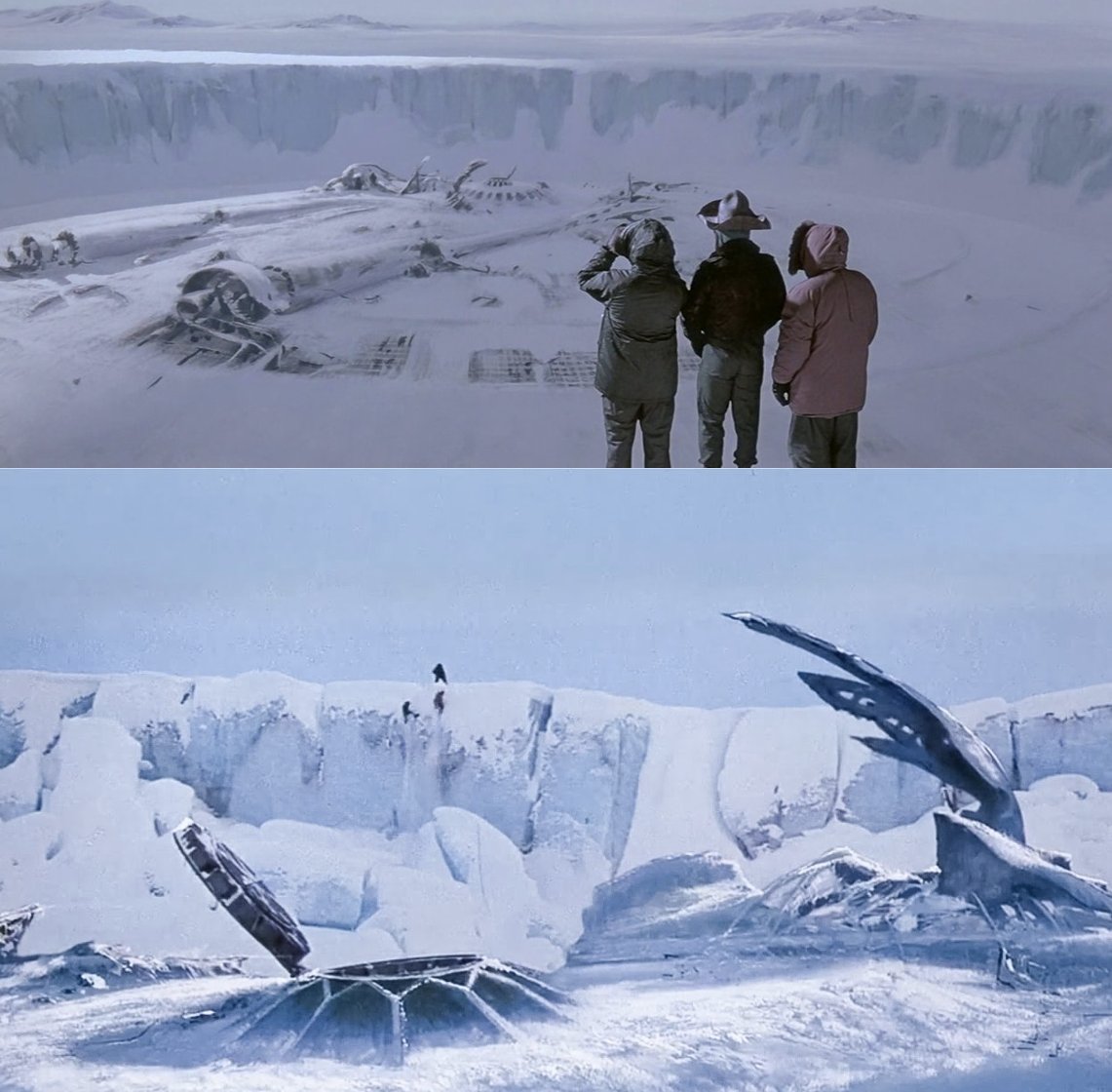 One of my favourite moments in John Carpenter's THE THING (1982) is the discovery of the frozen saucer.

Some call this sequence "dated," but those gorgeous matte paintings evoke a creative charm and vibe that no AI or computer generated image could ever hope to.