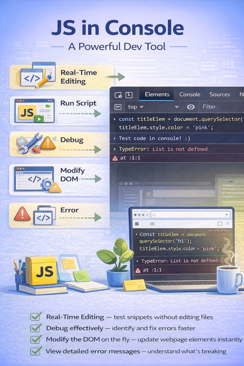 0xpankajkumar's tweet photo. 🚀 JavaScript in the Browser Console — A Powerful Dev Tool
✅ Run scripts in real time
✅ Debug effectively
✅ Modify the DOM on the fly
✅ Experiment with HTML/CSS/JS
✅ View detailed error messages

It’s like a mini playground + debugger built right into your browser. https://t.co/LQUGWMzuty