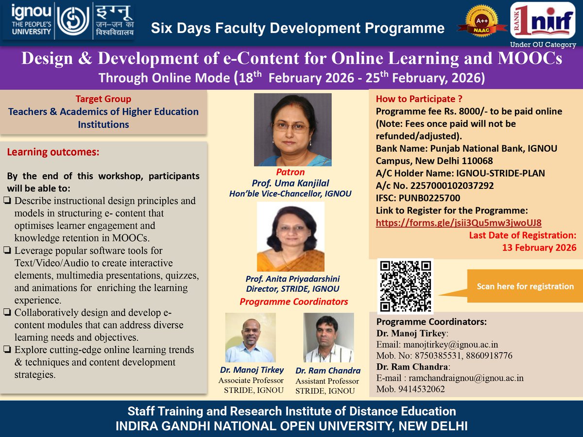 Inviting Nominations from Teachers and Academics of HEIs for 6 Days Faculty Development Programme: "Design &amp; Development of e-Content for Online Learning and MOOCs" (through Online Mode) from 18-02-26 to 25-02-26. Registration Link :forms.gle/jsii3Qu5mw3jwo…