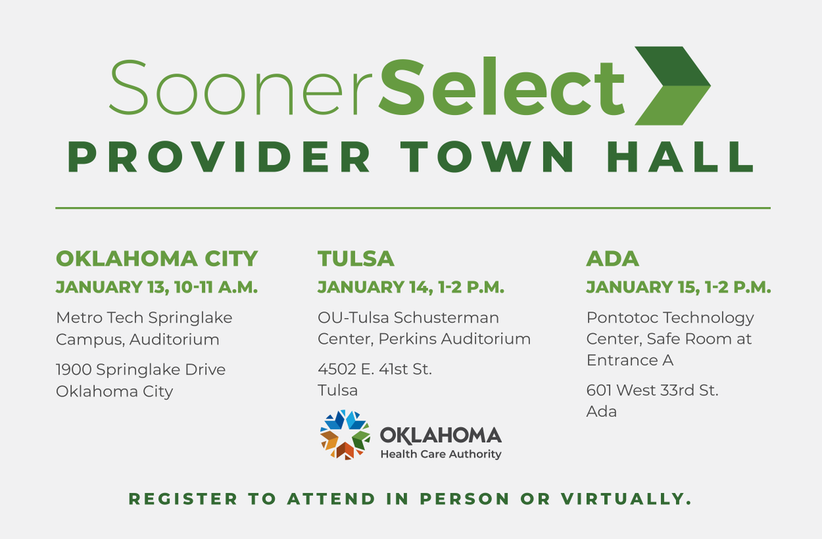 ok_hca's tweet photo. Are you a provider? Don't miss our upcoming events!

OHCA and our SoonerSelect partners are hosting provider town halls in three cities across the state. For more information, and to register, check out the link: 
https://t.co/08mI2jCFNZ https://t.co/JeFuLfPiIS