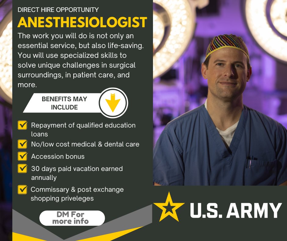 5_MRBn_USARD's tweet image. Elevate your medical career by joining the Army as an anesthesiologist. Gain experience and training like no other. 

#ThisWeWillDefend #BeAllYouCanBe #ArmyStrong #MilitaryMedicine #ArmyMedicine #Anesthesiology #MedicalProfessionals
#ArmyCareer #ArmyCareers