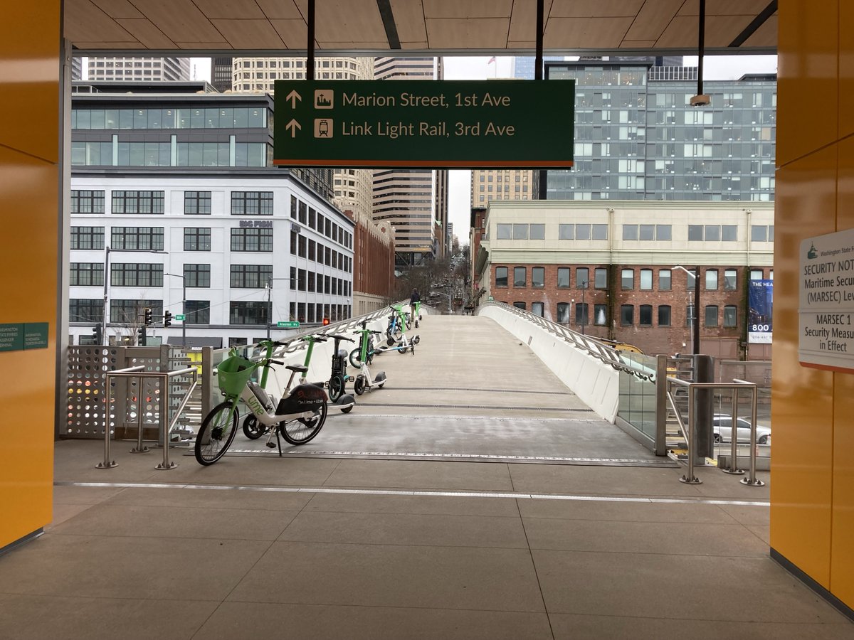 wsferries's tweet photo. Good morning. Starting today, Jan. 5, the Marion Street Pedestrian Bridge in #Seattle will close for about four weeks due to a @CityofSeattle building demolition project next to the elevated walkway. All access to and from #ColmanDock will be at street level. (1/2) https://t.co/3DxUdIDHkD