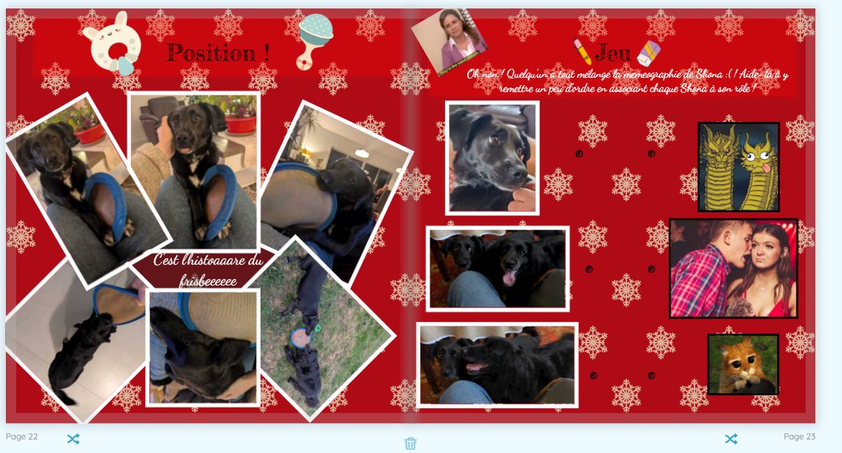 Ma mère a lancé un délire génial en décembre : le Shonadrier de l'avent (une photo de Shona jour). J'en ai fait un album, ça transpire pas le talent de graphiste et j'y ai passé mon week-end mais je me suis trop éclatée mdr. J'ai même pu add des pages bonus. 🥹❤️