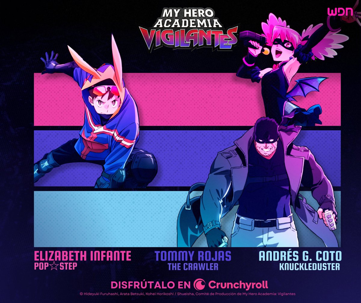 WDN_Topic's tweet image. Las calles necesitan de regreso a sus protectores, ¡y los Vigilantes están listos! 💥👆🏻
¡El doblaje de #MyHeroAcademiaVigilantes (T2) ya llegó a Crunchyroll! 🧡
🌆 @tommyrojas_ como Koichi.
🌆 @ShevaInfante como Pop Step.
🌆 @andresgtzthor como Knuckleduster.