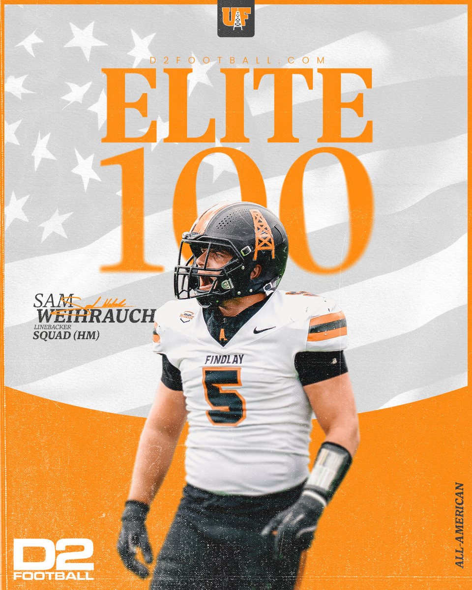 𝐎𝐟𝐟𝐢𝐜𝐢𝐚𝐥𝐥𝐲 𝐄𝐥𝐢𝐭𝐞

Sam Weihrauch has been named as a D2Football.com Elite 100 (all-American) selection after a historic season in the middle of the Oilers' defense.

#GoOilers | #BeGreat

🔗: findlayoilers.com/news/2026/1/5/…