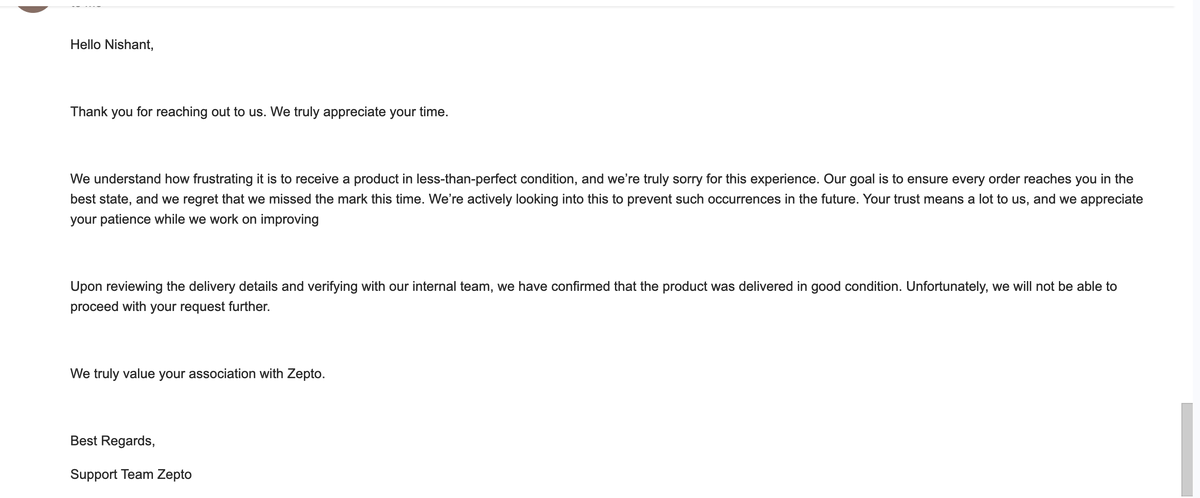 greenflaw's tweet photo. Post 1/2

PUBLIC WARNING: If @ZeptoNow delivers spoiled/melted food, they will gaslight you. Despite photos of melted &amp; refrozen ice cream, they just emailed refusing a refund, claiming the product is in "Good Condition." (Order #HPUUGAKLO57002). (1/4) @aadit_palicha https://t.co/ujZzFJYhrp