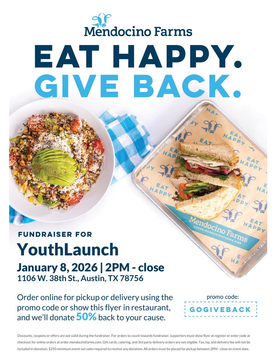 _youthlaunch's tweet photo. You're invited to drop by Mendocino Farms on January 8, 2026 for a casual meet and greet. Stop by anytime between 2pm and 9pm! YouthLaunch will then receive 50% of the sales generated in-person or online at https://t.co/C6IuRIQUes by using the code GOGIVEBACK. See you there! https://t.co/VwWjL7w5ej