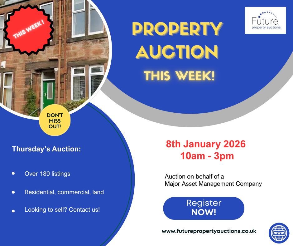FuturePropAuc's tweet image. THIS WEEK!

SPECIAL 180+ LOT INVESTMENT AUCTION on behalf of a major asset management company. 

Thursday, 8th January 2026, 10am - 3pm. 
Register to bid now! 

Auction Properties: buff.ly/RvKpeWL 
Register now: buff.ly/O5Q7Zwr