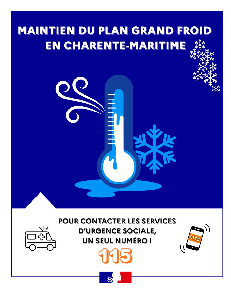 Image de Préfet de la Charente-Maritime - #Vigilance #Solidarité | 𝗣𝗹𝗮𝗻 𝗚𝗿𝗮𝗻𝗱 𝗙𝗿𝗼𝗶𝗱 - Restons tous mobilisés !
🥶 ❄️Météo France