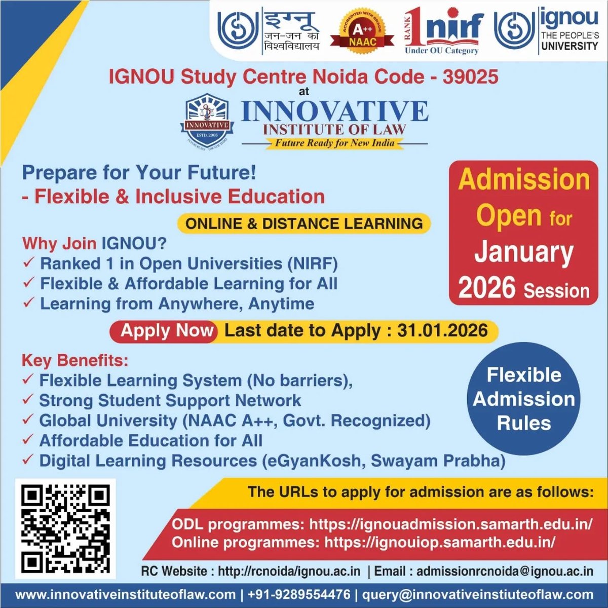 innovativeinst5's tweet image. Looking to upgrade your legal expertise?
Enroll in IGNOU-certified courses at Innovative Institute of Law and gain industry-relevant skills with flexible learning.
Apply before 31st January 2026.

#InnovativeGroupOfColleges #IGNOU #lawcourse #LawCollege #LLB
