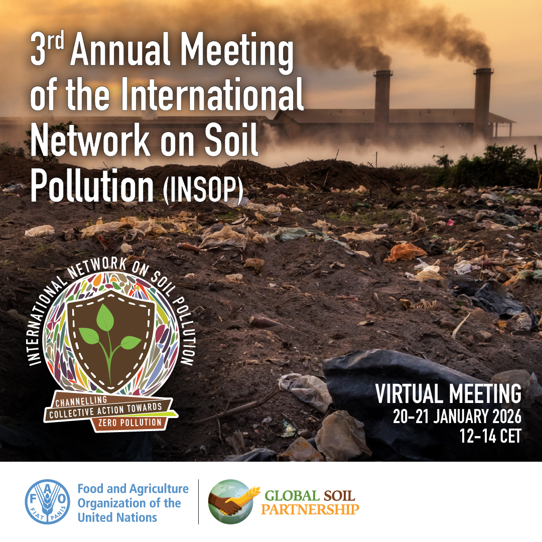 FAOLandWater's tweet photo. Join the 3rd #INSOP Meeting, one of the 8 #Soil technical networks of @FAO's #GlobalSoilPartnership. 
Over 2 days, experts will review progress &amp; plan next steps to advance global action on #SoilPollution.

Register 👉🏿 https://t.co/0X6CHCHN4t 
Read more 👉🏿 https://t.co/tmw5OcBhmk https://t.co/pE3CK7Wprz