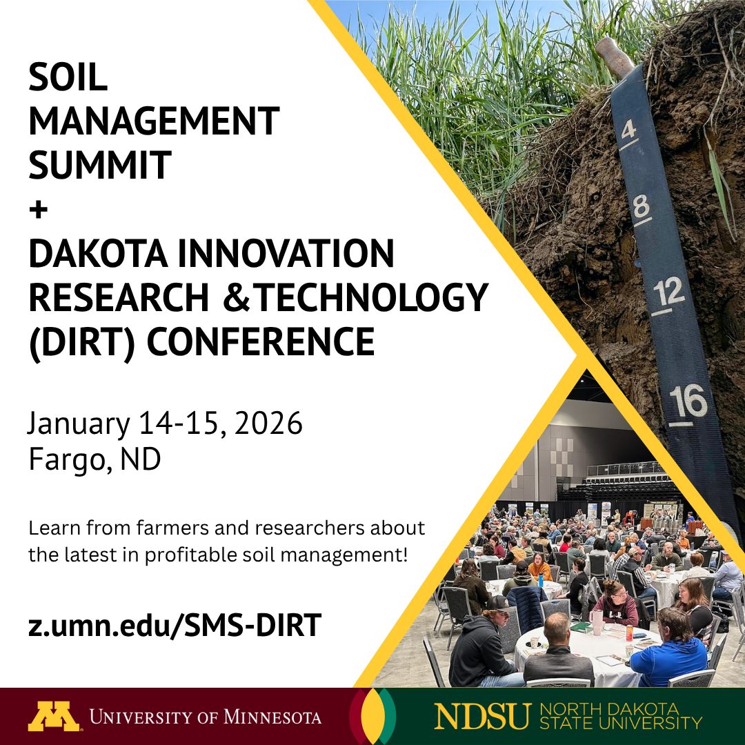 NDSoybean's tweet image. January 14–15 in Fargo, ND 🌱 The SMS + DIRT Conference brings together two powerhouse events focused on one thing: profitable soil management.

Learn proven practices, connect with peers, and leave with practical strategies you can use next year. Plus, CCAs can earn up to 7…