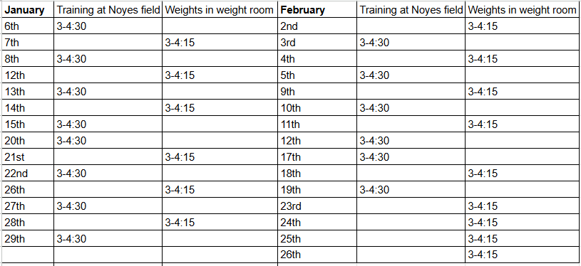 Preseason starts this week!! Here is the schedule for the next 2 months. We will be outside for the trainings as weather allows. Dress warm.