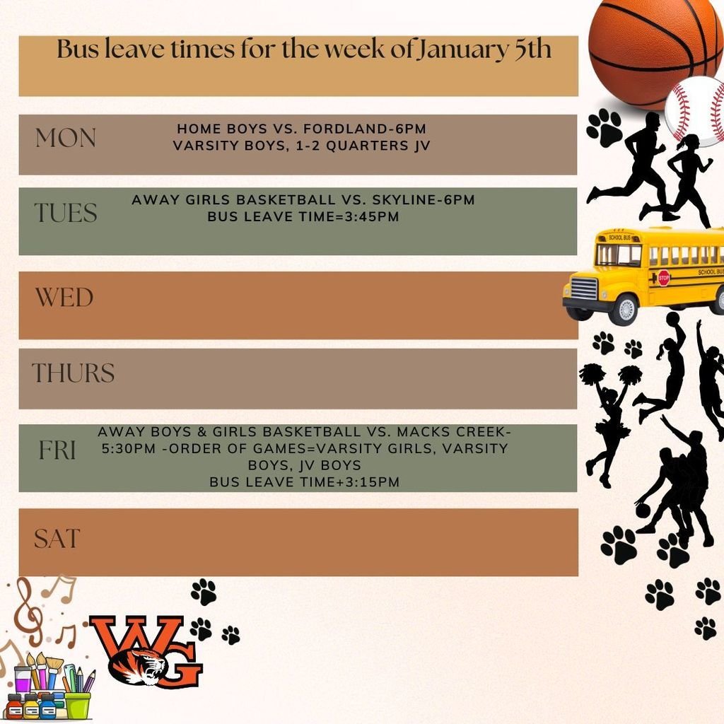 Bus leave times for the week of January 5th!