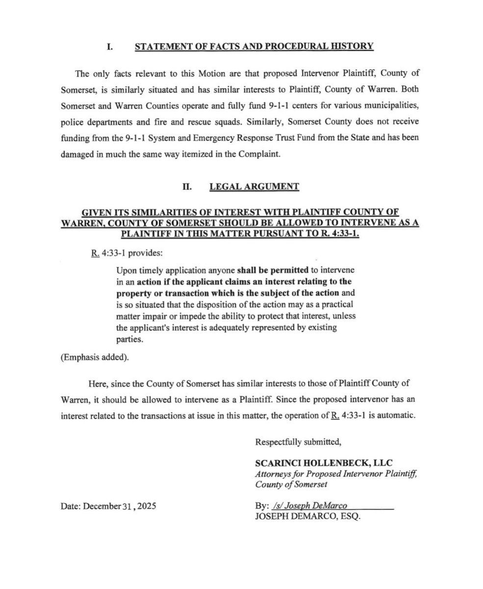 Somerset County has joined our 911 fee lawsuit, adding to growing bipartisan support across New Jersey. Counties statewide are standing together to protect local taxpayers and ensure 911 funds are used for public safety.