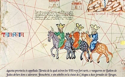 Els tres Reis de l 'Orient a l'anomenat "Atlas Català" dibuixat a Ciutat de Mallorca pels cartògrafs  mallorquins Cresques el 1375.