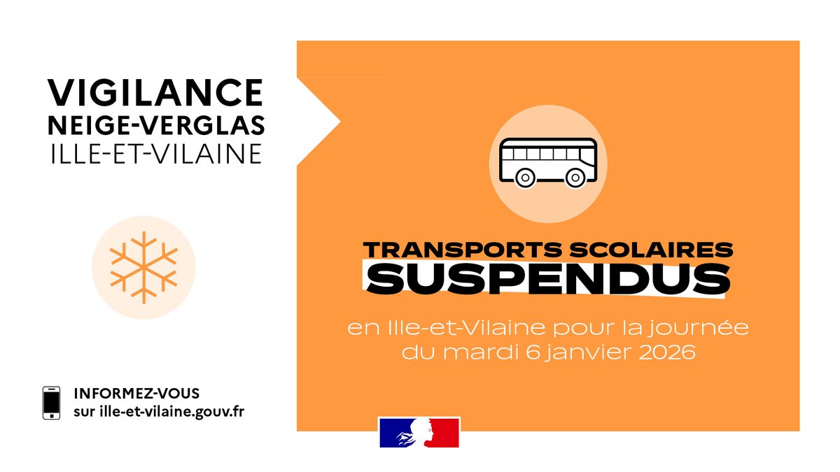 Image de Préfet de Bretagne et d'Ille-et-Vilaine - #Météo | En raison des conditions météorologiques, les transports scolaires resteront suspendus dema