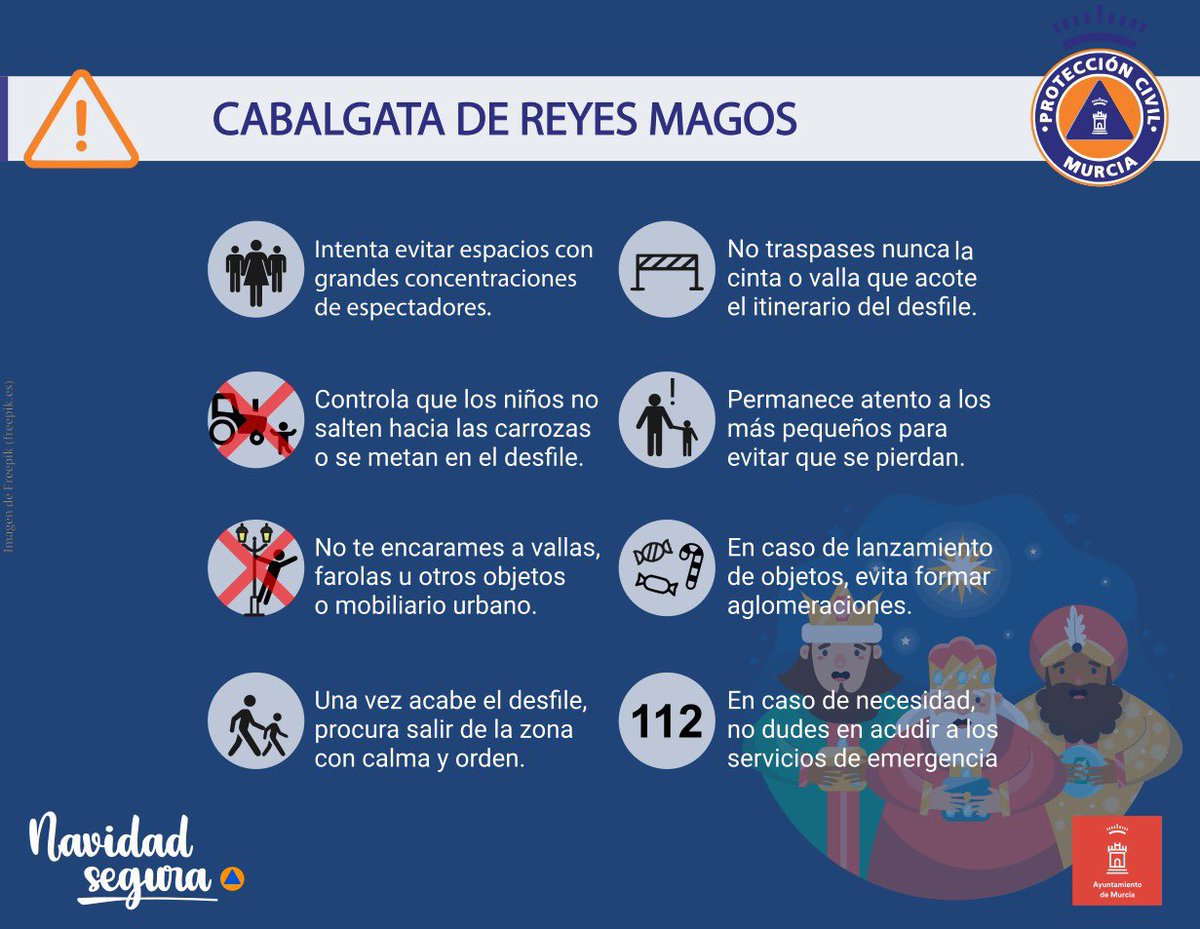 👑🐫 Ya vienen los Reyes Magos…🎵

¡Ya podemos ver a Sus Majestades por #Murcia! 

Si acudes a la cabalgata, ten presente algunas pautas básicas de prevención para disfrutar de esta jornada mágica, sin olvidar el consejo más importante: vivirla con ilusión✨👇

#NavidadSegura