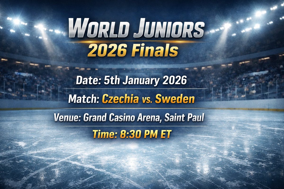 markthisholiday's tweet photo. 🏒 World Juniors 2026 Finals 🏆

Live: https://t.co/4h3mp9rkz3

The big night is here! Don’t miss the thrilling championship clash as two hockey giants battle for the title.

📅 Date: 5th January 2026
🥅 Match: Czechia vs. Sweden
📍 Venue: Grand Casino Arena, Saint Paul
⏰ Time: 8:30 PM ET

Who’s taking home the crown tonight? 👀🔥

#WorldJuniors2026 #WJCFinals #HockeyFinals #CzechiaVsSweden #IceHockey #HockeyNight