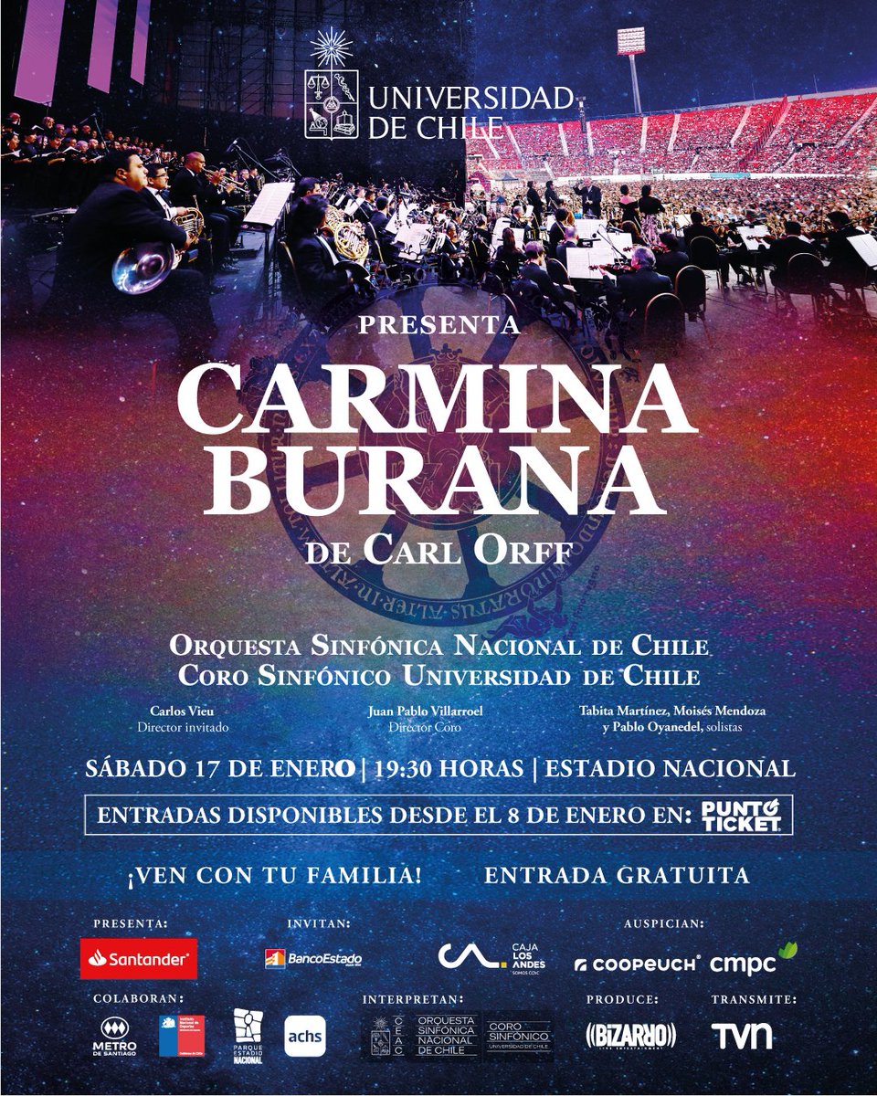 ¡La Sinfónica vuelve al Nacional!
Este SÁBADO 17 de ENERO a las 19:30hrs., la <a href="/uchile/">Universidad de Chile</a> te invita al Estadio Nacional a disfrutar de la icónica Carmina Burana interpretada por <a href="/lasinfonica/">Orquesta Sinfónica Nacional de Chile</a> y el <a href="/Corouchile/">Coro Sinfónico Universidad de Chile</a>.
Entrada liberada. Descarga la tuya en <a href="/puntoticket/">Punto Ticket</a> desde este jueves 08!