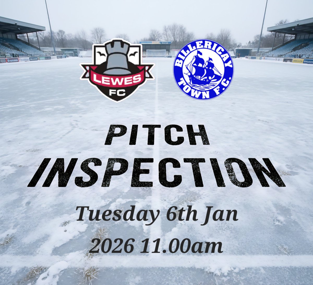 Please note that there will be a pitch inspection at <a href="/LewesFCMen/">Lewes FC Men</a> Dripping Pan at 11am tomorrow morning, ahead of our scheduled <a href="/IsthmianLeague/">The Pitching In Isthmian League</a> match in the evening. We would request you check, via social media, if the match is on, or not, prior to making travel arrangements.