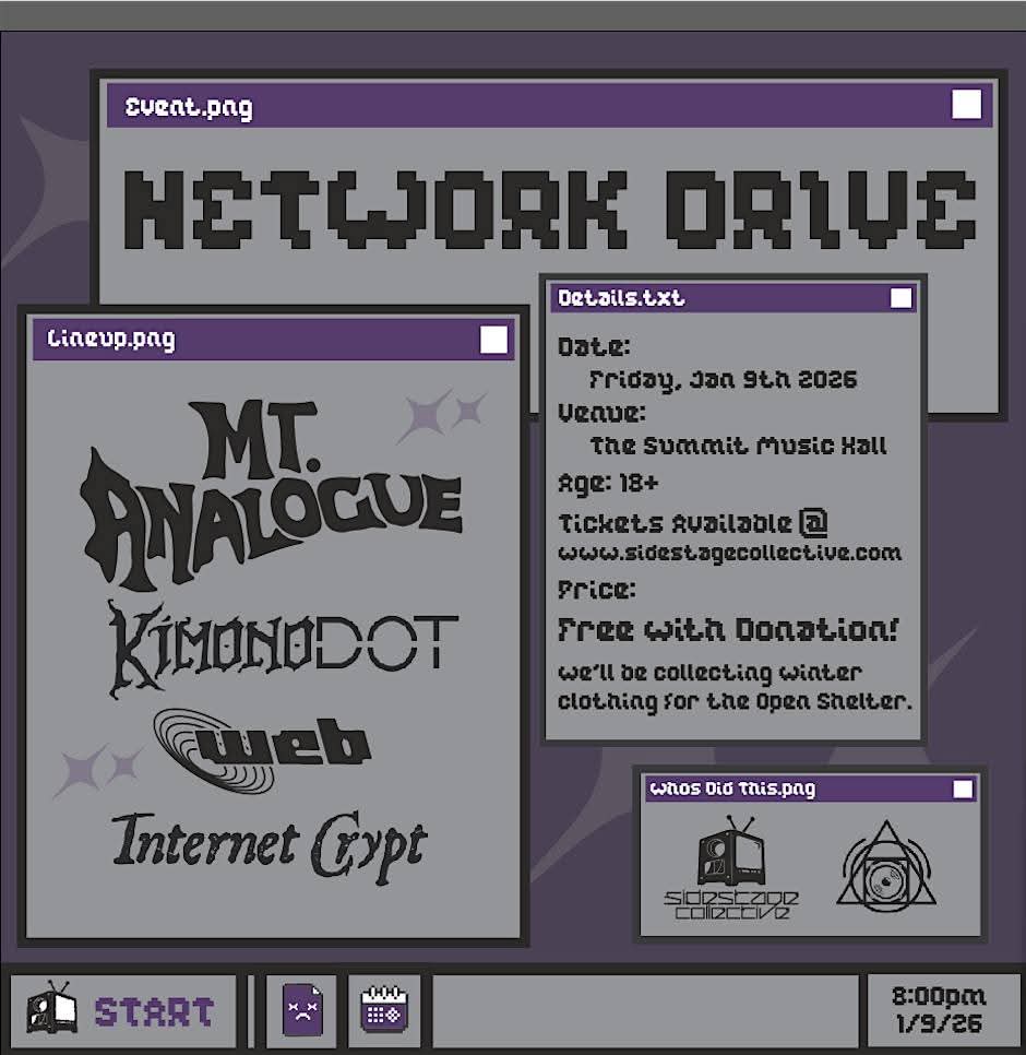 Enjoy a night out with some great artists by just cleaning out your closet!  A winter clothing or $10 donation gets you in!

This Friday (1/9) at Summit Music Hall, it's Network Drive featuring the sounds of Mt. Analogue, Kimonodot, WEB, &amp; Internet Crypt.
 facebook.com/events/7850838…