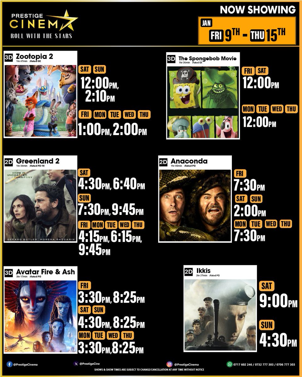 PrestigeCine's tweet image. Lights, camera, action!  From animated adventures like Zootopia 2 and The Spongebob Movie to thrillers like Greenland 2 and Anaconda, we've got your entertainment sorted.
#MovieMagic #BigScreen #PrestigeCinema #FilmFan #MustWatch #ComingSoon #MovieTime #CinemaLife