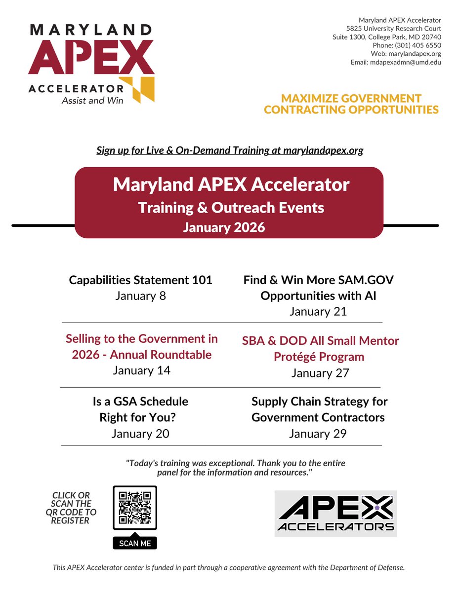 Happy New Year from the Maryland APEX Accelerator Team! Let's start the year strong with some great #govcon training - mdapex.ecenterdirect.com/events