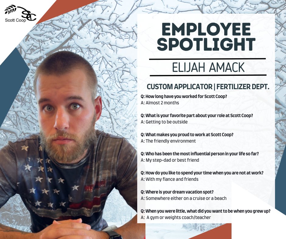 January 2026 Employee Spotlight - Catch up with Eli Amack, custom applicator down at the Fertilizer Department #ScottCoop