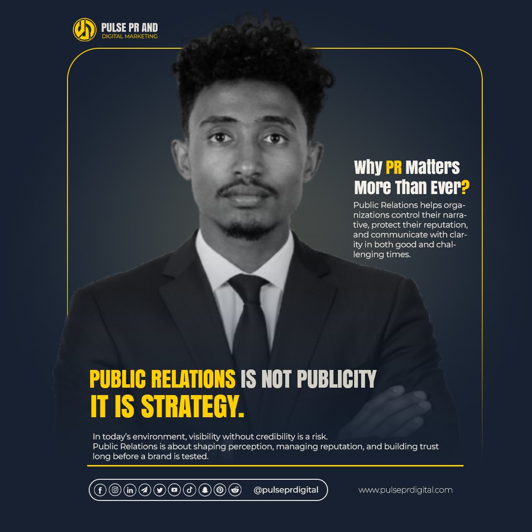 pulseprdigital's tweet photo. PR isn’t publicity. It’s strategy.

It’s how brands manage reputation, earn trust, and shape perception before a crisis happens.

At Pulse PR &amp; Digital Marketing, we help organizations move from visibility to credibility.

#PublicRelations #BrandTrust #StrategicPR #PulsePR https://t.co/sLZKJtFzy0