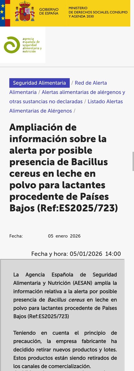 AESAN_gob_es's tweet photo. ⚠️ Ampliación de información sobre la alerta por posible presencia de Bacillus cereus en leche en polvo para lactantes.
▶️Teniendo en cuenta el principio de precaución, la empresa fabricante ha decidido retirar nuevos productos y lotes.
📌https://t.co/bl99KAPWIc https://t.co/urJ6TxRrlw