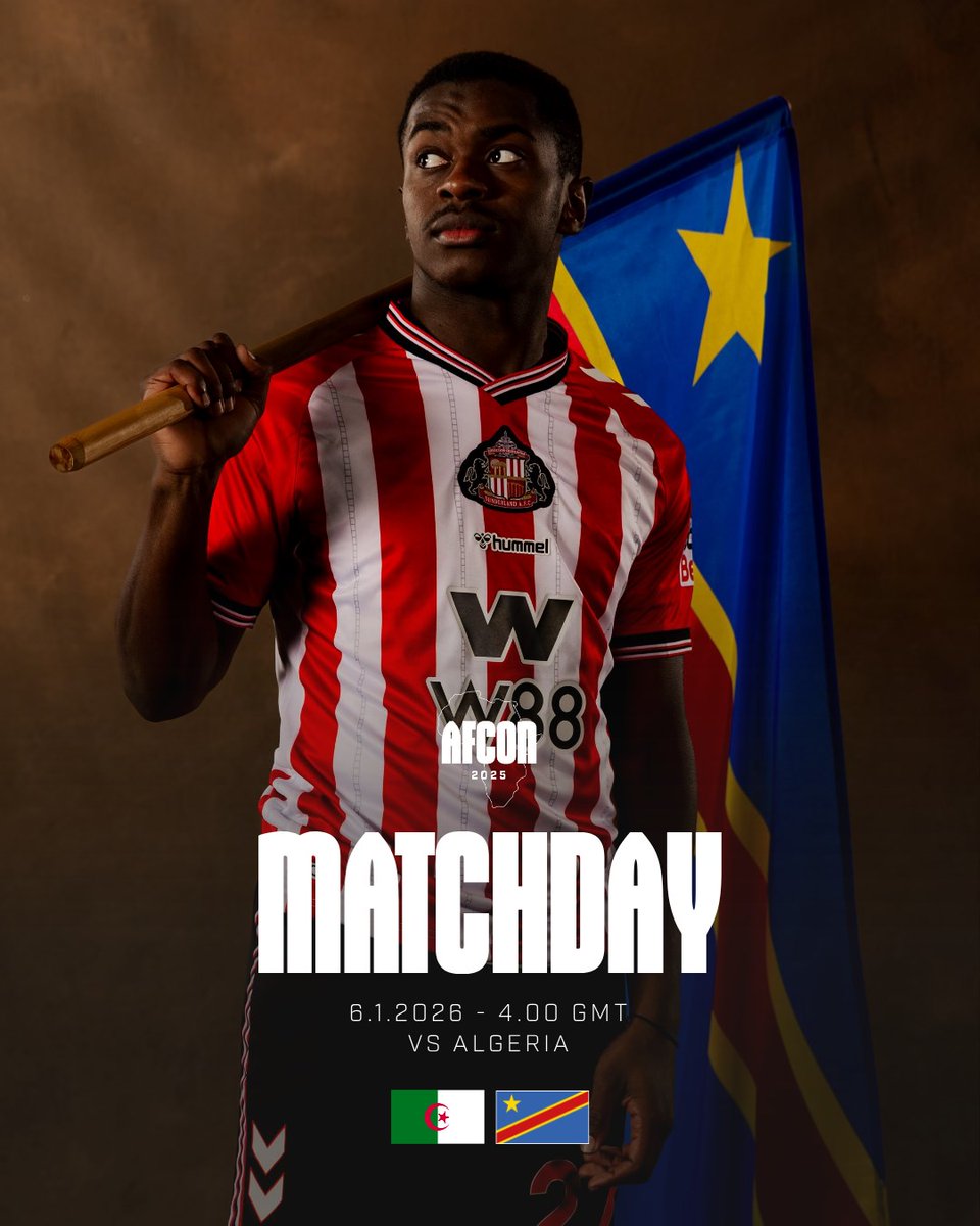 SunderlandAFC's tweet image. 🌍 A huge night of #AFCON2025 action awaits for Noah Sadiki, Arthur Masuaku and Bertrand Traoré. 

Good luck, Lads! 👊