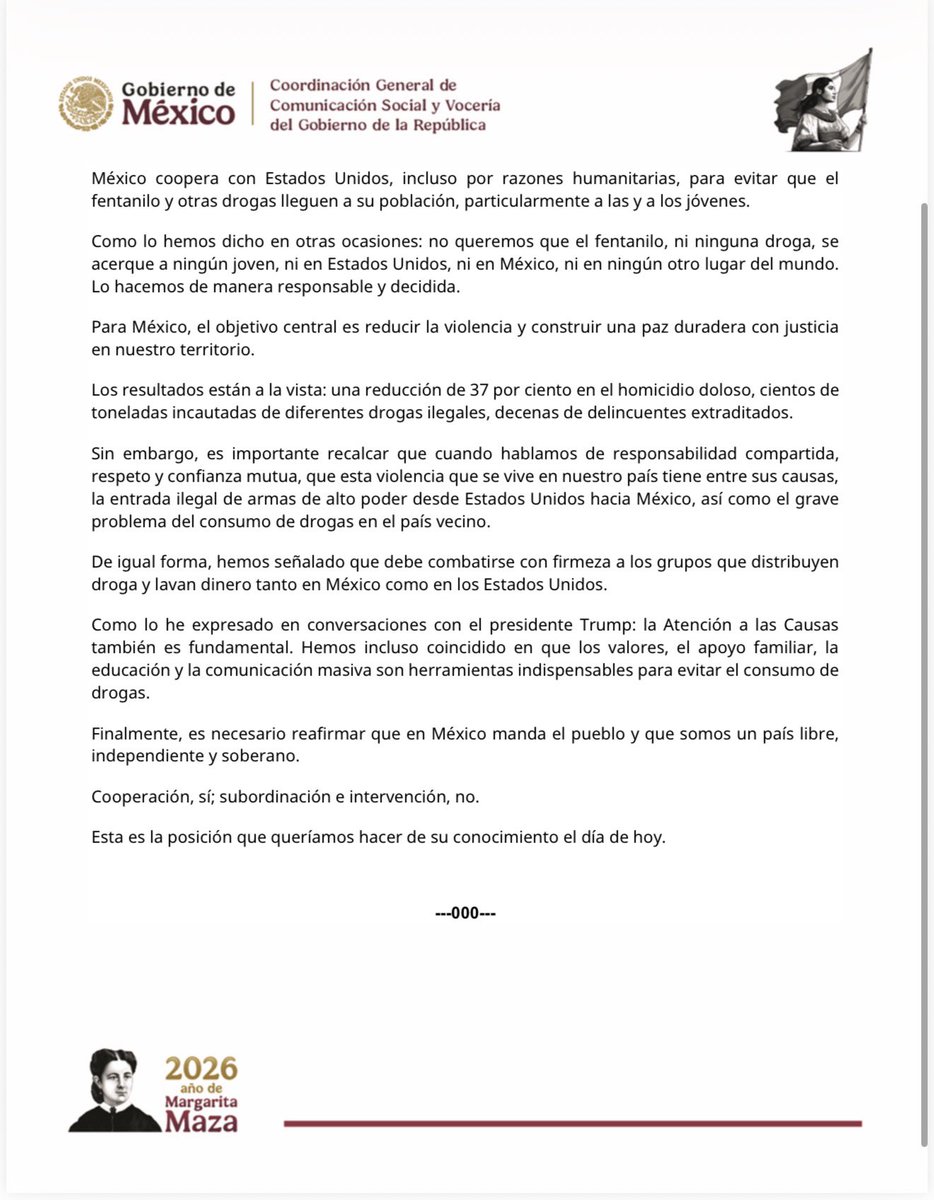 Compartimos posicionamiento de la Presidenta Claudia Sheinbaum Pardo ⬇️