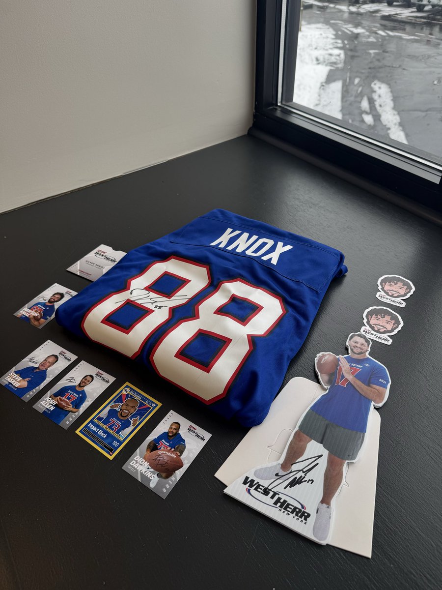 WestHerr's tweet image. 🚨ATTENTION!🚨 In honor of Buffalo's final regular season win, we are giving one lucky winner a signed @dawson_knox jersey, a signed mini @JoshAllenQB cutout, a pack of #TeamWestHerr trading cards and a 2 Dawson Knox #TeamWestHerr stickers! 🏈

To enter, just RT &amp;amp; make sure you…