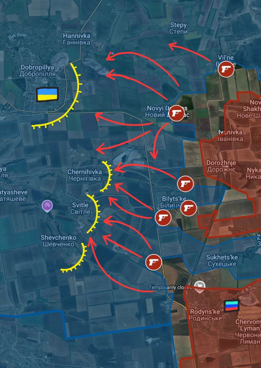 #Ukraine #Dobropillja Die russische Armee rückt jetzt direkt auf die ukrainische Verteidigungslinie von Shevchenko bis Hannivka vor (Svetko35). Hauptziel ist die Eroberung der Bergbaustadt Dobropillya (derzeit noch 1225 Einwohner; ehemals 40.000 lt. Wiki). Hier befindet sich eine