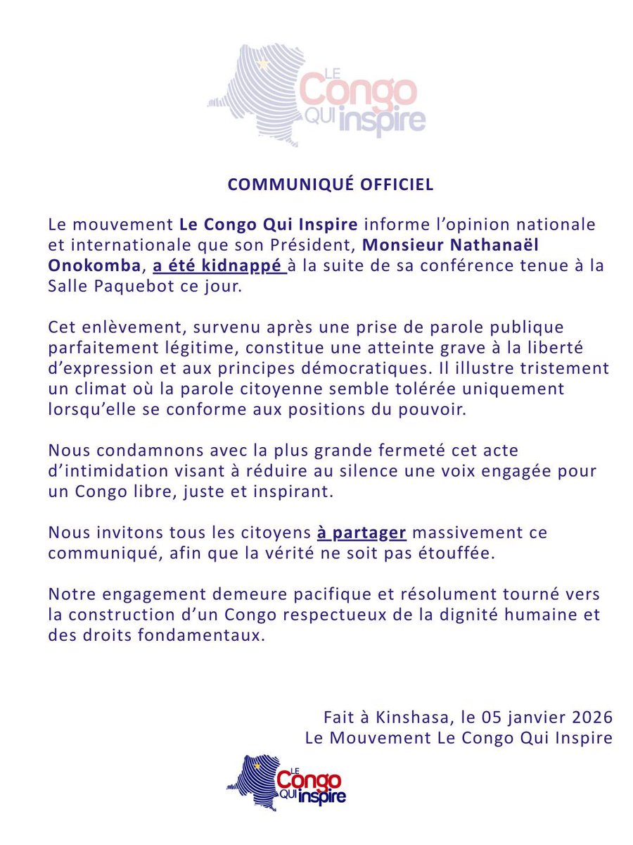 StanysBujakera's tweet photo. #RDC: Le mouvement politique « Le Congo Qui Inspire » a annoncé, ce lundi 5 janvier 2026, l’enlèvement de son président, Nathanael Onokomba, survenu le même jour à l’issue d’une conférence tenue à la Salle Paquebot à Kinshasa. Dans un communiqué officiel, le mouvement dénonce une « atteinte grave à la liberté d’expression et aux principes démocratiques », qualifiant cet acte d’intimidation visant à faire taire une voix critique envers le pouvoir en place.