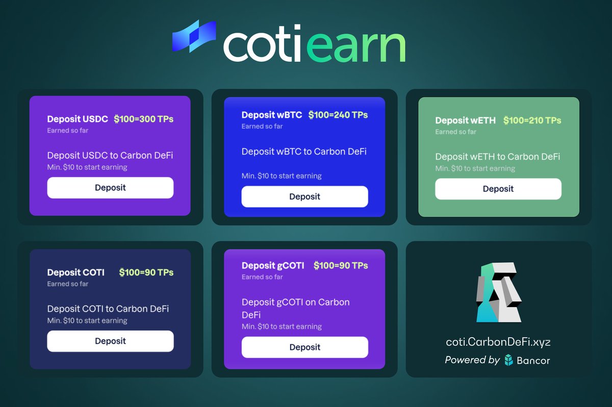 8 days remain in COTI Earn — Season 2!

Create <a href="/CarbonDeFixyz/">Carbon DeFi</a> strategies on <a href="/COTInetwork/">COTI Foundation</a> with any one of the following:

$USDC • $wBTC • $wETH • $COTI • $gCOTI

and collect daily Token Points (TPs) — convertible to $COTI at season’s end.