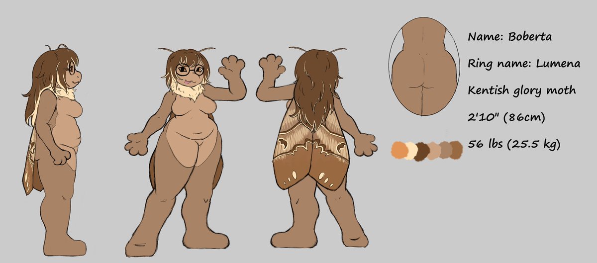 Now introducing- Lumena! Another OC commissioned from @d0gmania !

This moth girl is a high flying rookie wrestler in the ring, and a lighting tech outside.

She can be hot headed, and no, she is not mesmerized by lights. She finds that to be an offensive stereotype!