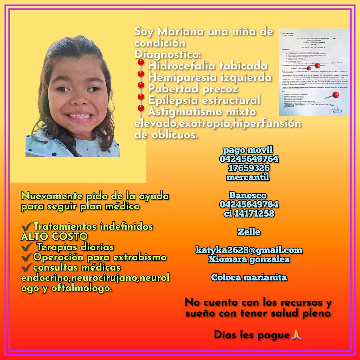 #URGENTE #compartan saludos soy una niña Venezolana d condición amerito para vivir con salud tratamientos $450 ,terapias tengo paralisis dl lado izq ,operar mis ojos mi visión va en retroceso $3000 la cirugía cada granito suma por favor 
gofund.me/44d83ff1