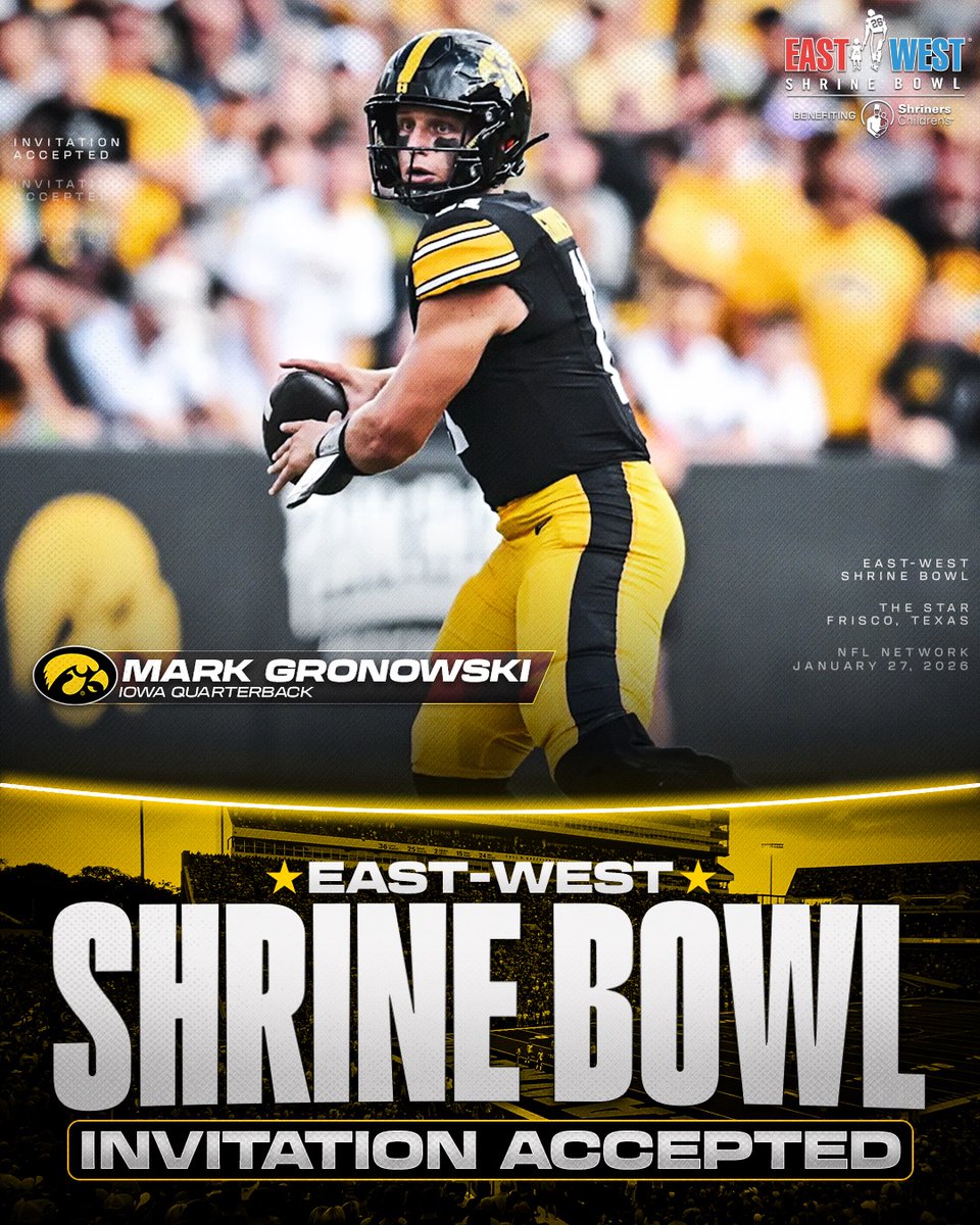 Invitation Accepted

<a href="/HawkeyeFootball/">Hawkeye Football</a> QB Mark Gronowski (<a href="/mgronowski11/">Mark Gronowski</a>) has officially accepted his invite to the East-West Shrine Bowl! 👊

#Hawkeyes | #ShrineBowlWHOSNEXT 😎